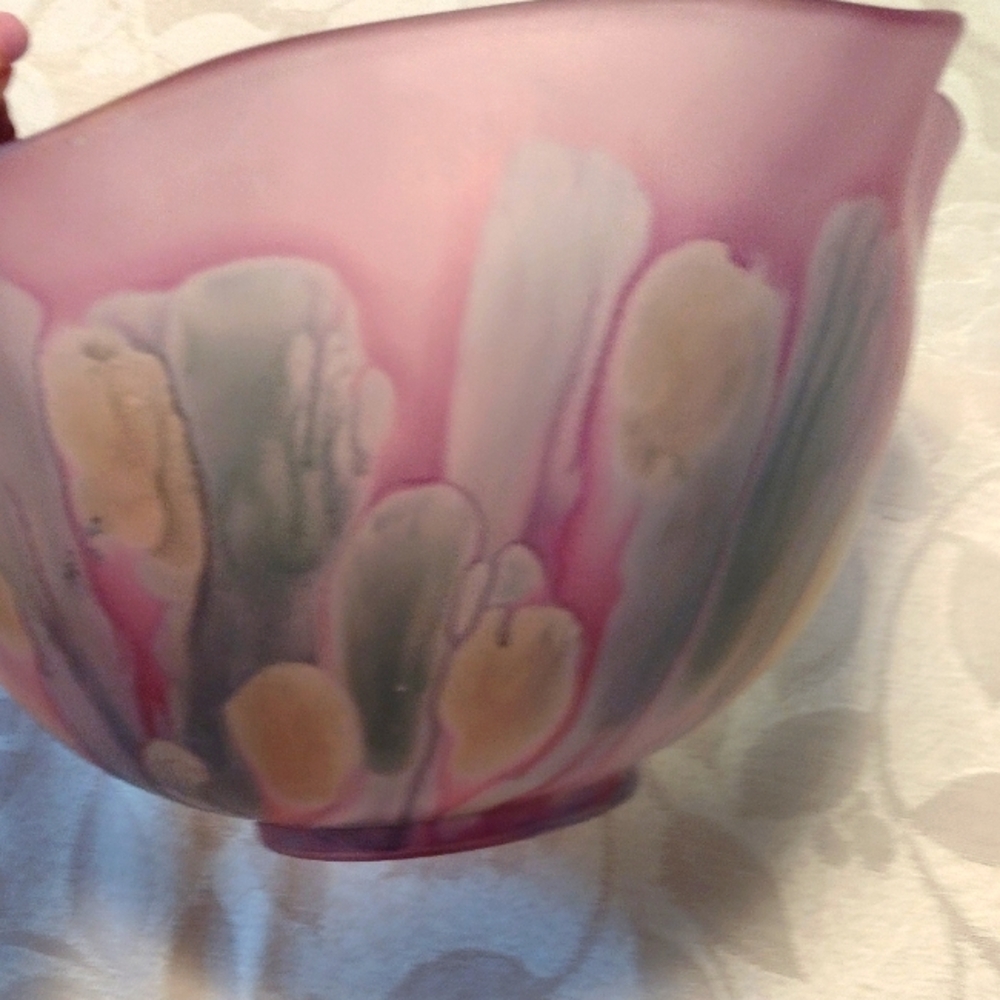 Rueven Nouveau Satin Art Glass Bowl Hand Painted Multi Color 6"x10"
